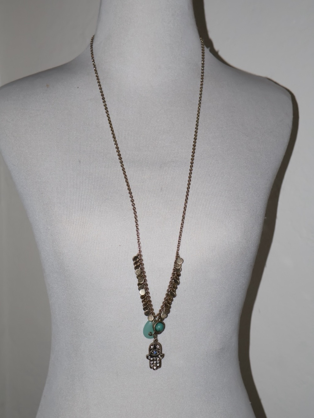 vintage boho gold hamsa hand rhinestone & turquoise long pendant necklace